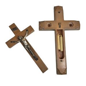 Vintage Wooden Wall Crucifix Silver Tone Jesus Last Rites Cross Catholic